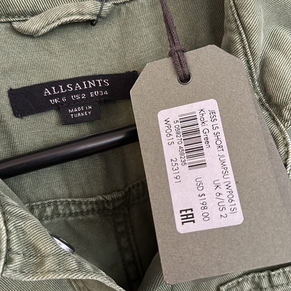 AllSaints jess long sleeve utility playsuit in khaki green - Picture 7 of 7